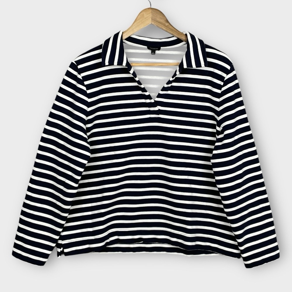 Talbots Navy White Parisian Stripe Fleece Top Womens XL Nautical Preppy‎ Casual
